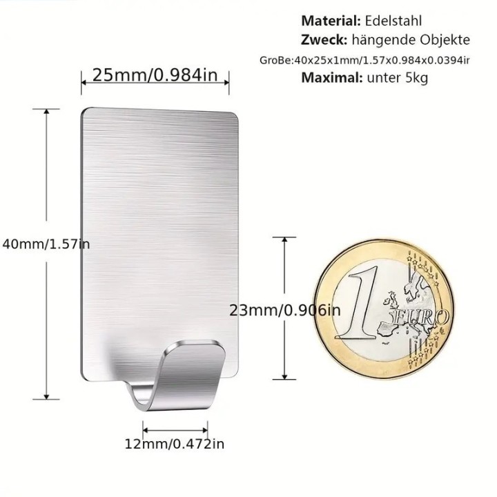 Self-adhesive stainless steel wall hook – strong adhesive hook without drilling (3x)
