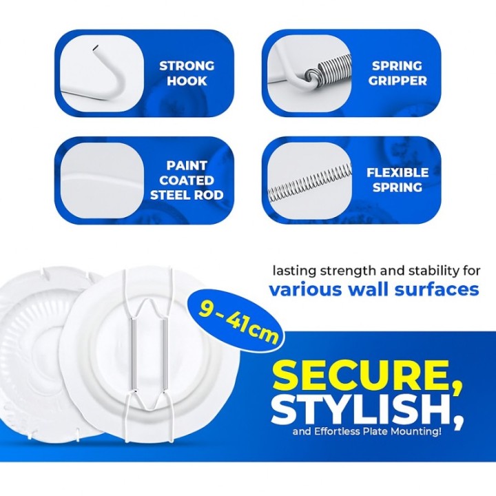 GeckoTeq Plate Hangers 5 sizes 9 to 41 cm in diameter in white