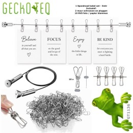 GeckoTeq Spandraad Fotokabel Set met RVS Foto- en Papierklemmen – incl. toebehoren
